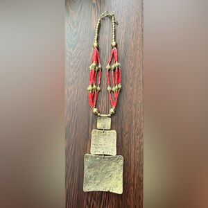 Vintage Egyptian Revival Gold and Red Beaded Necklace